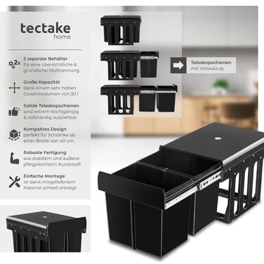 Кухонний сміттєвий бак tectake на 3 камери з телескопічними направляючими, 31 л (2x8л + 15л), для сортування відходів, чорний
