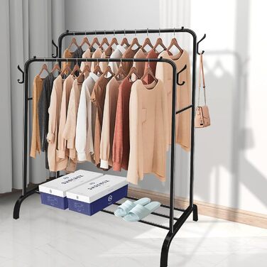 Metal Clothes Rack Clothes Stand Stable, Double Rod Durable with 1 Tier Shelf and 4 Side Hooks, Freestanding Clothes Rack, Multi-Purpose Organizer, Bedroom, Black