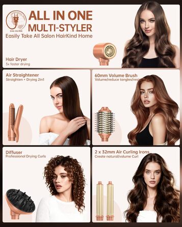 Webeauty 7-в-1 Стайлер для волосся: фен, плойка, брашинг, дифузор, 110,000 об/хв, 25 м/с, 500 млн негативних іонів, Dual Voltage, Mokka