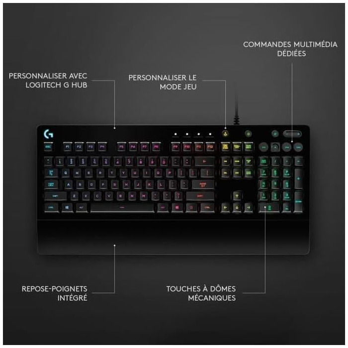 Ігрова клавіатура Logitech G213 Prodigy з RGB-підсвічуванням, програмовані клавіші G, мультимедійне керування, підставка для зап'ястя, захист від бризок, QWERTZ-розкладка (німецька)