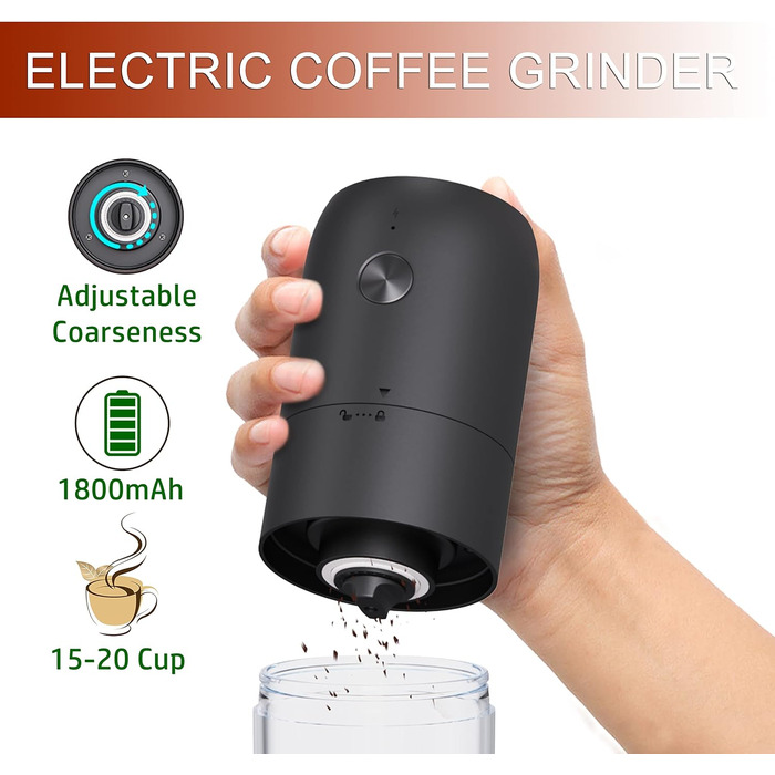 Portable Electric Coffee Grinder, Automatic Mini Coffee Grinder with Adjustable Coarseness, 1800 mAh, Rechargeable for Outdoor Camping Travel and Indoor Use