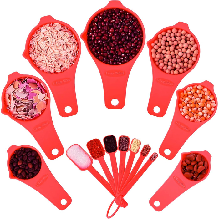 Set of measuring cups and spoons, 15 pieces, plastic measuring cups, 7 plastic measuring cups, 7 plastic measuring spoons with leveler, cute measuring cups for baking and kitchen