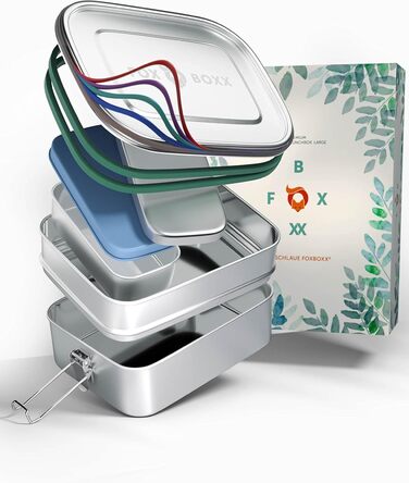 Stainless Steel Lunch Box Premium | Multi 1550ml STACKABLE | 2 Tiers + 1 Divider + 150ml MiniBox & 2 x Lids + 5 DECOR Color Rings | Smart Clips + 2 x Seals | Airtight Lunch Box