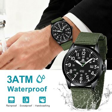 Годинник чоловічий LN LENQIN аналоговий кварцовий на текстильному ремінці, водостійкий 30M, з датою (зелений, чорний)