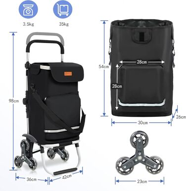 Тролей для покупок Sekey XXL з підйомником для сходин, 3 колеса, для кемпінгу та покупок, регульована ручка, алюміній 3-в-1, з відділенням для їжі та напоїв, чорний