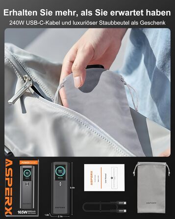 Power Bank AsperX 20000mAh 165W з USB-C кабелем, сумісний з MacBook, Dell, HP, Lenovo, iPad, iPhone, Galaxy