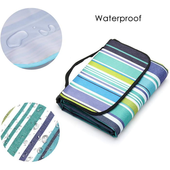 Плед для пікніка LIVEHITOP водонепроникний XXL 150x200 см, синій в смужку – для пляжу, кемпінгу, парку, барбекю