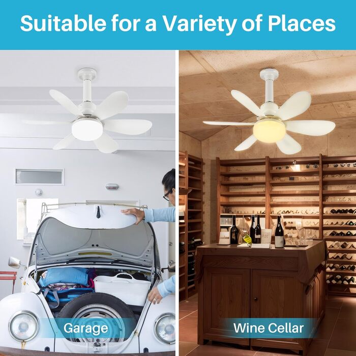 OKYUK Стеля-вентилятор з підсвічуванням, тихий, з пультом керування, регулювання кольору, E26/E27, 48 см, білий