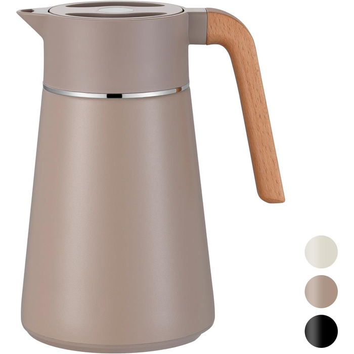 VETIN 1.5L Thermos Flask 304 Stainless Steel Double-Walled Vacuum Insulation, Coffee Pot Thermo with Wood-Look Handle, Insulated Carafe 10h Heat / 16h Cold (Khaki)