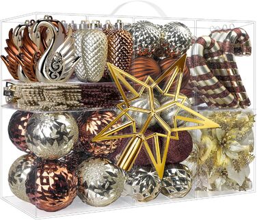 Набір прикрас для ялинки Alupssuc 128 шт. - ялинкові кулі, квіти, орнаменти, червоно-золотий (шампань, коричневий)