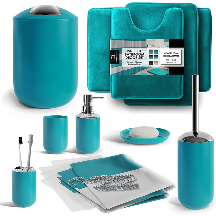 Комплект аксесуарів для ванної кімнати Clara Clark (12 предметів) з килимком та шторою для душу, блакитно-зелений