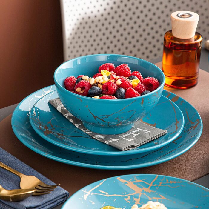 LOVECASA Сервіз столовий порцеляновий, Sweet 16-Piece Комбінований набір, 48-Piece Сервіз, дизайн з золотим напиленням, для 4-12 осіб, колір Aqua-fr-blue