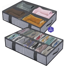 Комод під ліжко Homyfort 2 шт. для взуття з прозорим кришкою - органайзер для взуття, міцна коробка для зберігання з 14 + 4 відділеннями, сірий льон, XDUBS14S4, 86 x 60 x 15 см