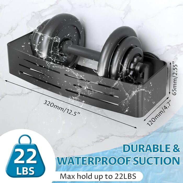 Поличка для душу Onemake з присосками, регульована, з гачками та рушниковою перекладиною, органайзер для ванної кімнати, матовий чорний, 1 шт.