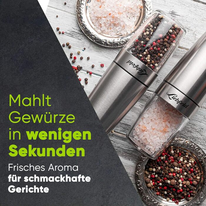 Електричні млини для солі та перцю Liebfeld (2 шт.) з датчиком нахилу - набір з нержавіючої сталі з керамічним жорном