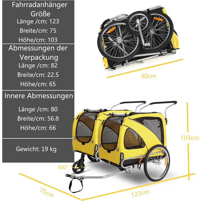 Трансформер для собак XL: велосипедний/біговий, 2-в-1, з гальмом та світловідбивачами, 600D Oxford, до 40 кг, жовтий