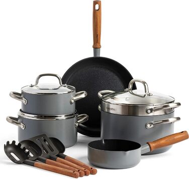 GreenPan Mayflower Pro Harteloxierte Keramische Antihaftbeschichtung, 13-Piece Cookware Set with Ceramic Non-Stick Coating, Vintage Wooden Handle, PFAS-Free, Induction-Suitable, Anthracite Gray Cookware Set 13-Piece