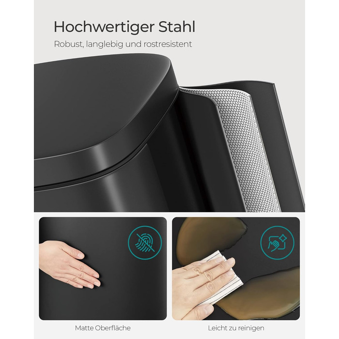 Відро для сміття SONGMICS 30 л, сталеве, з м'яким закриттям, з внутрішнім відром, чорне