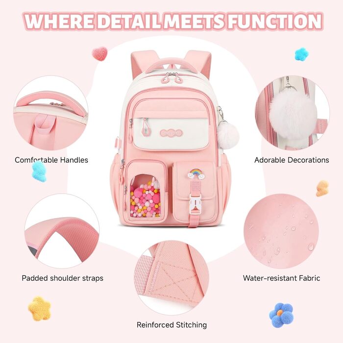 Шкільний рюкзак для дівчаток-підлітків, рожевий, з помпоном, тролей-петлею та світловідбивачами. Великий рюкзак для школи та подорожей, 3-7 клас, водонепроникний