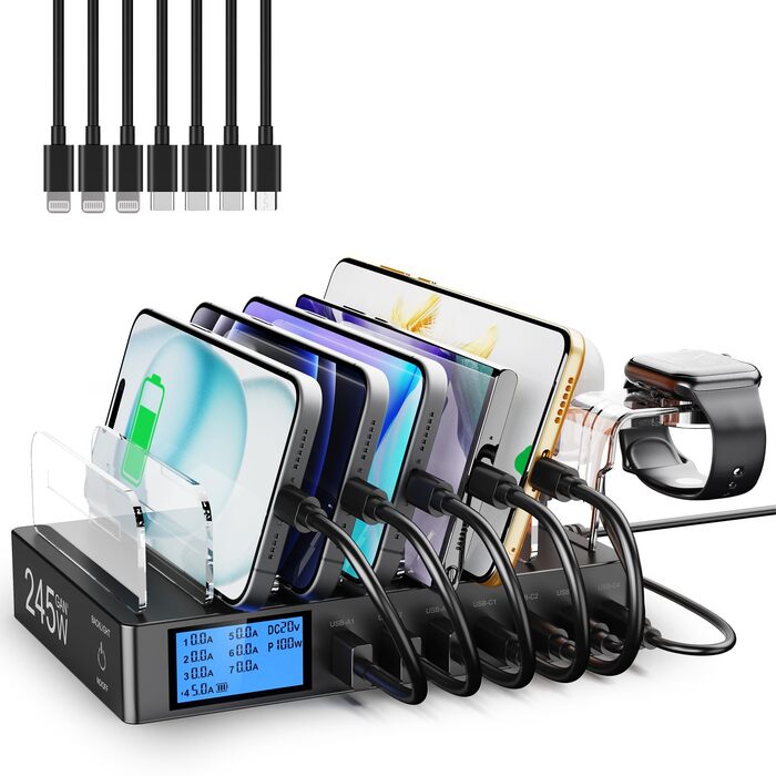 Зарядна станція 245W для декількох пристроїв, 7 портів USB, LCD-дисплей, кабель 7 шт. + тримач для iWatch, для iPhone, планшетів та іншої електроніки - чорна