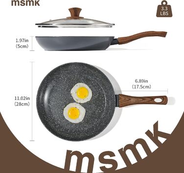 Сковорода керамічна антипригарна MSMK 28 см з кришкою та лопаткою, для газових та індукційних плит, з дерев'яною ручкою, без PFOA