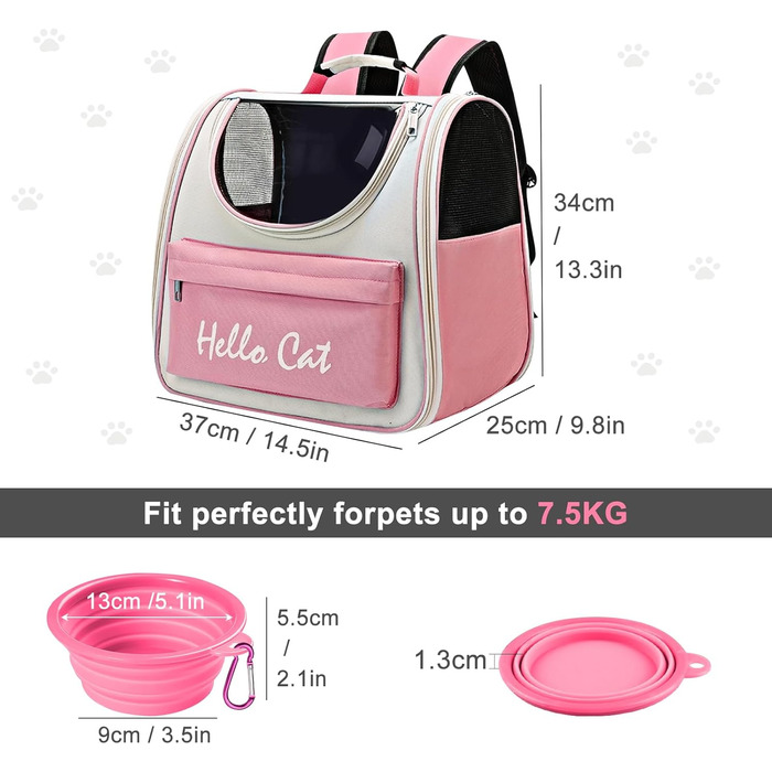 Рюкзак для тварин з сіткою, складаний рюкзак для кота/собаки з мискою для подорожей, водонепроникний оксфорд, об'єм до 15 кг (Рожевий)