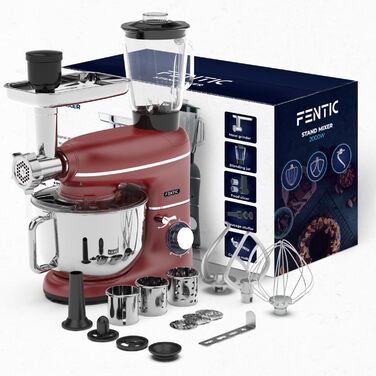 Кухонна машина Fentic 6-в-1 з м'ясорубкою, соковитискачем 1,5л, подрібнювачем овочів та ін. – 2000W, містка чаша 6,2л, набори гачків та міксерів, захист від бризок (Червона)
