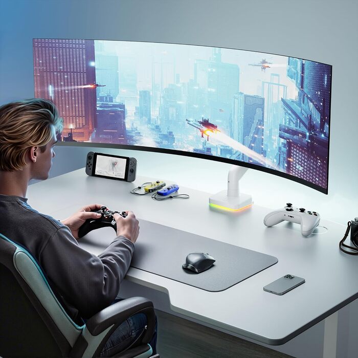 Кріплення для монітора ARES WING RGB - тримач для ігрового монітора, 17-49 дюймів, підходить для важких (20 кг) та вигнутих моніторів, регульована висота, для геймерів (білий)