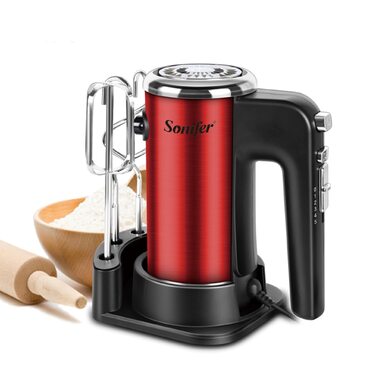 Ручний міксер Sonifer 400W з нержавіючої сталі, 5 швидкостей, Turbo-режим, тихий мотор, з набором аксесуарів (2 вінчики, 2 гаки, підставка), червоний