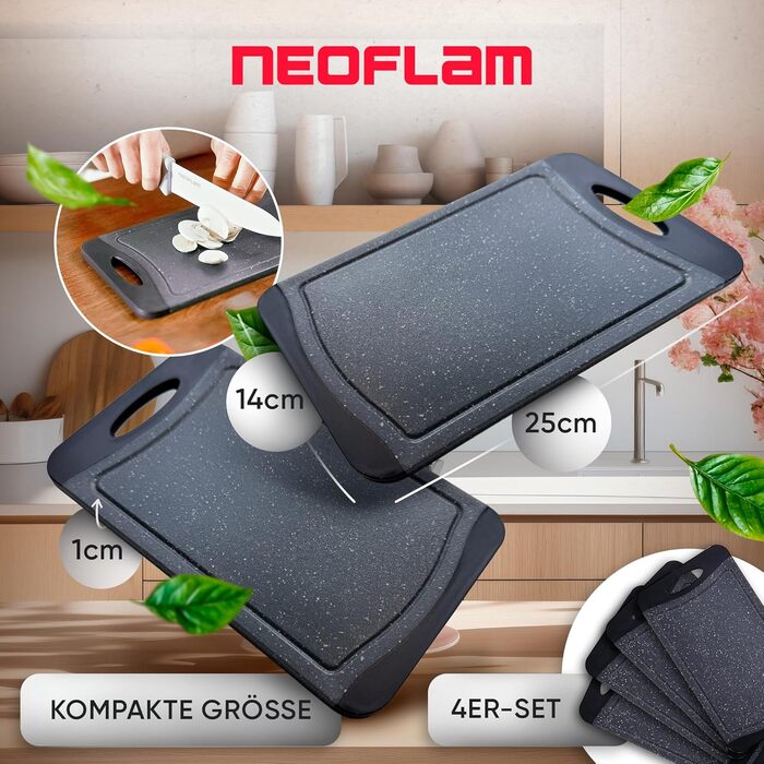 Набір дощок для сніданку NEOFLAM® 25x14 см, 4 шт. - Дошки для нарізання з пластику, BPA-free, антибактеріальні, з жолобком для соку, чорний мармур, стійкі до миття в посудомийній машині