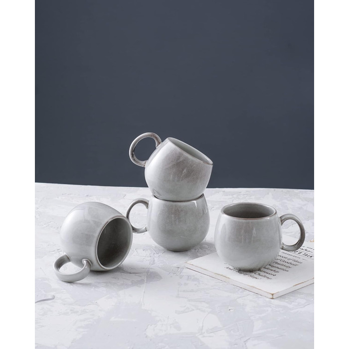 Set of 4 porcelain cups, 600mL coffee cup set for 4 people, modern style, breakfast mugs, exquisite tableware set, suitable for dishwashers, light grey
