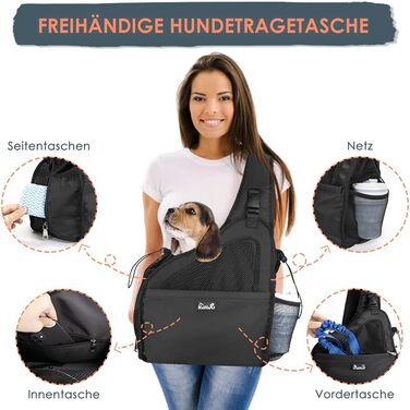 Dog-friendly sling carriers, hands-free travel bag for small pets with adjustable straps, hardboard base, safety belt, for dogs up to 2.8kg, wider version (L (For pets under 5.5kg), Black)
