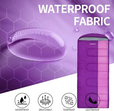 Спальний мішок Outdoor для дорослих, зимовий, машинного прання, водонепроникний, 3-4 сезони, з компресійним мішком, для кемпінгу, піших прогулянок, подорожей, 0℃-Комфорт, ліловий, 220x85CM