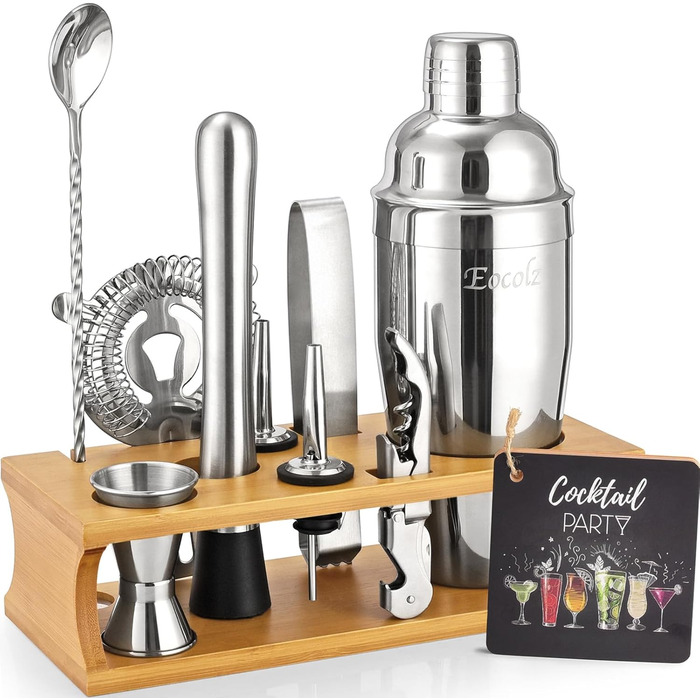 750ml Stainless Steel Cocktail Shaker Set with Bamboo Stand & Recipe Book - 17 Piece Bar Set with Accessories for Bartenders & Gifts