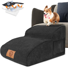 2-Step Dog Stairs, 40cm Cat Stairs with Washable Cover, Dog Stairs for Small Dogs, Pet Stairs for Dogs and Cats, Cat Stairs for Senior Cats, Black (2-Step Wide Dog Stairs Black)