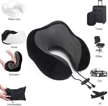 Подушка для шиї в літак, поїздки: Memory Foam, регульована, компактна, ергономічна, м'яка, дихаюча з навушниками, маскою для сну, чохлом (Чорний)
