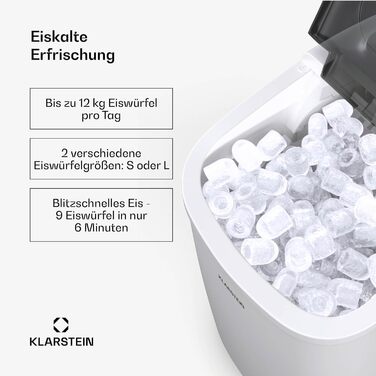 Klarstein Ice Maker - 12kg/24h, 2 sizes, 1.3L water tank, LED displays, transparent lid, portable, ice cube maker for parties/garden events