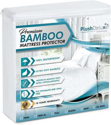 PlushDeluxe Bamboo Mattress Protector - Waterproof, hypoallergenic, and ultra-soft breathable cover protection - PVC, Phthalate Free (Queen Size)