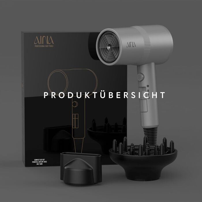 Фен AINA з дифузором для волосся | Іонська технологія, керамічне покриття, холодний струмінь | Швидке сушіння та блиск, 230V~ (Сірий)