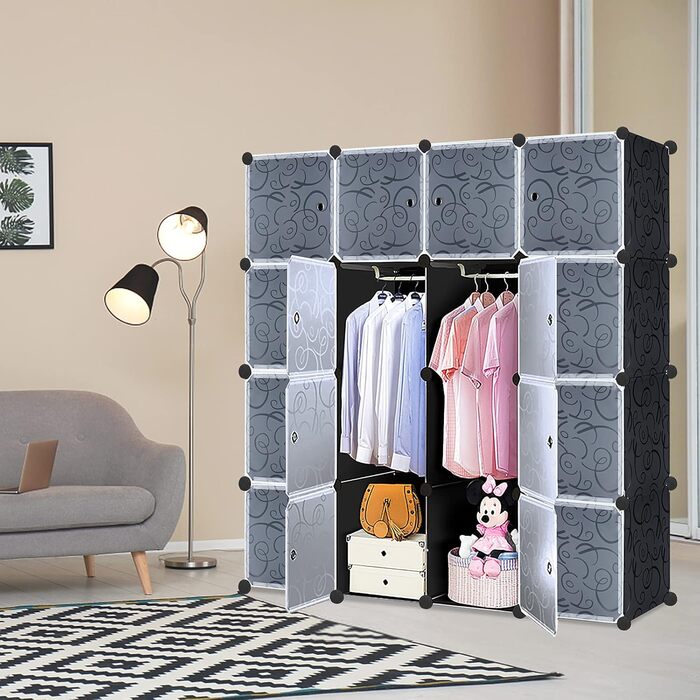 Wardrobe, Plastic Wardrobe, DIY Cube Wardrobe 20 Cubes, Shelf System Bedroom Wardrobe – Black, (140 x 35 x 140 cm)