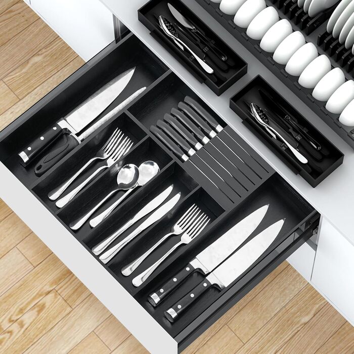 VaeFae Bamboo Cutlery Drawer Organizer Kitchen, Expandable Utensil Organizer with Knife Block, Cutlery Box with Divider, Multifunctional Wooden Drawer Organizer (Black).