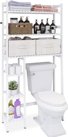 SMIBUY Over The Toilet Storage, 6-Tier Bamboo Bathroom Shelf with Drawers, Freestanding Over the Toilet Organizer Rack, Ample Storage, Space Saver for Small Spaces (Natural) (White)