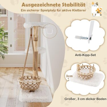 Дерев'яний кігтеточки COSTWAY для котів з гамаком, мотузкою, натуральними гілками та стійкою з джуту, 2 стійки та платформа, кігтеточки для котів, кліматична вежа, натуральний+білий (123 см)