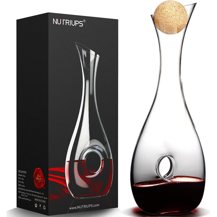 NUTRIUPS Crystal Glass Wine Carafe, 1.2L Wine Decanter, Red Wine Decanter for 375ml & Cork Closure Wine Decanter, Handmade, Drip-Free