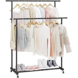 Clothes Rack with Double Rod, Rolling Clothes Rack, Portable Clothes Rack for Bedroom, Living Room, Clothing Store (Black)
