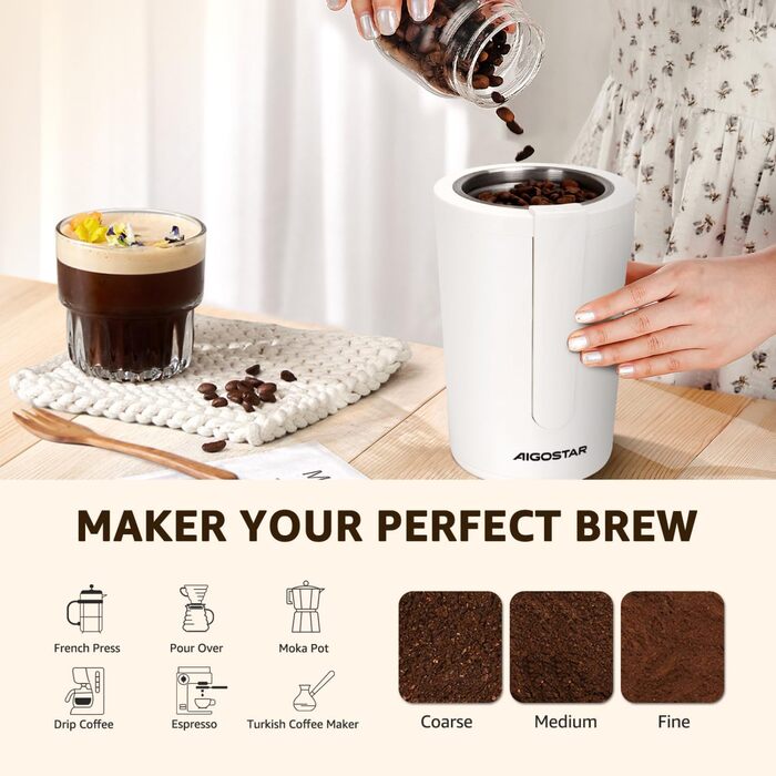 Електрична кавомолка Aigostar Blanche з регулюванням ступеня помелу, BPA Free, 60г, 200W, біла