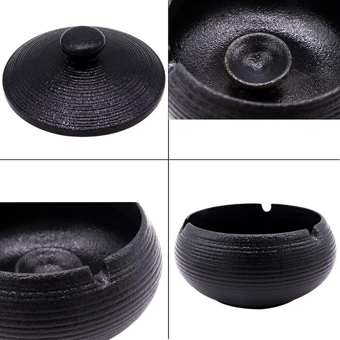 Керамічний попільничник з кришкою, ретро-дизайн, чорний колір, 11.5x8.5 см. Підходить для дому, офісу та вулиці.