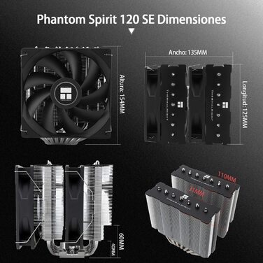 Thermalright Phantom Spirit 120 SE: Повітряний кулер для CPU з 7 heatpipes, 120mm вентилятором, технологією AGHP 4.0 та S-FDB підшипником. Сумісний з AMD AM4/AM5 та Intel 1700/1150/1151/1200 сокетами.