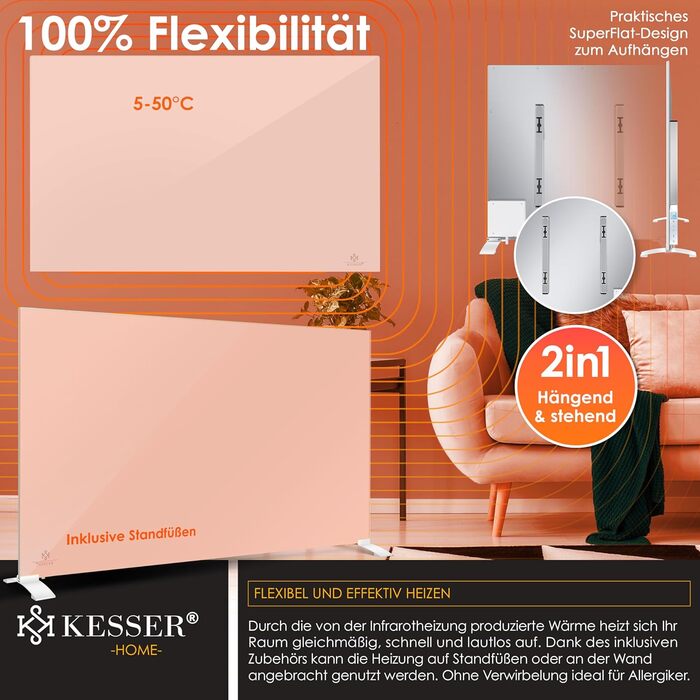 Інфрачервовий обігрівач KESSER 520W з алюмінію, 2-в-1: підлоговий та настінний. Енергозберігаючий з Wi-Fi керуванням, датчиком вікон та пультом. Білий.