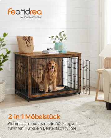 Клітка для собак Feandrea з функцією столику, сучасна собача будка для собак до 36 кг, міцна, для дому, з висувним піддоном, 2 двері, вінтажний коричневий PFC004X01, 112 x 75 x 82 см